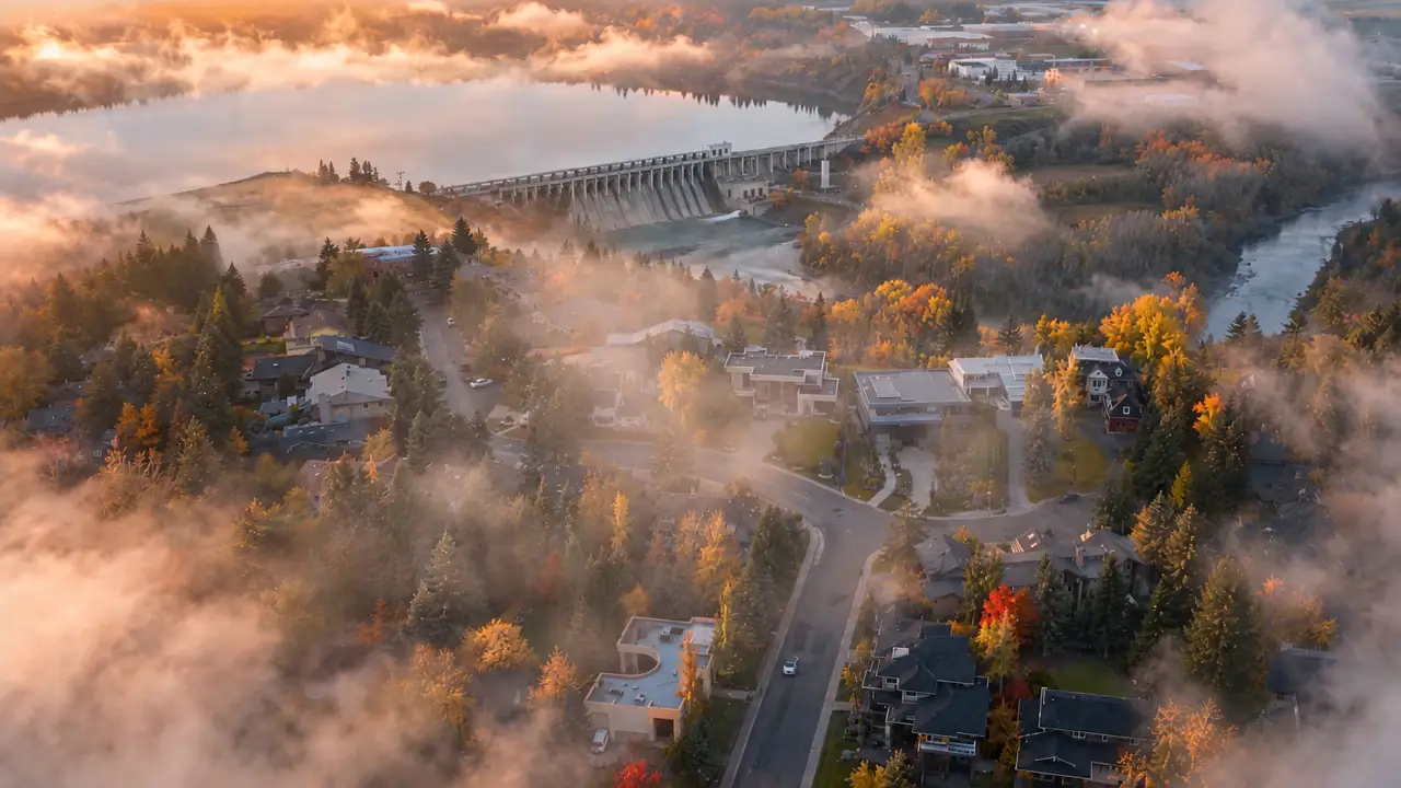 High above a dusk cloud deck — the last light of sunset on the clouds, the descent to 35 Bel-Aire Place about to begin.
